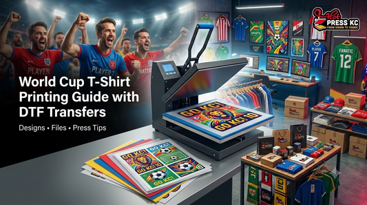 Custom World Cup T-shirts with DTF transfers showing fan designs, player numbers, and heat press application steps.
