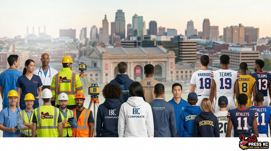Kansas City custom apparel printing map showing local businesses and industries ordering branded uniforms and t-shirts