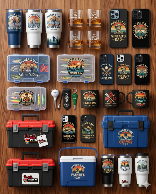 Profitable Father's Day UV DTF products in Kansas City Missouri including custom tumblers, toolboxes, and gifts map area.