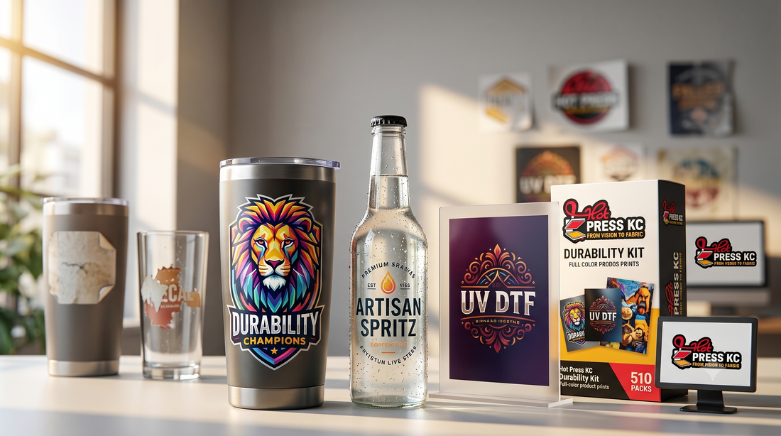 Kansas City UV DTF printing process showing durable custom prints on glass and metal surfaces by HotPressKC