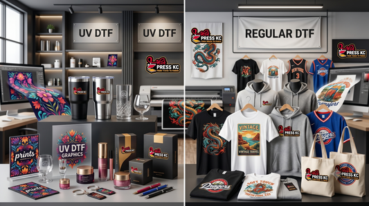 UV DTF vs DTF printing comparison for custom apparel and tumblers in Kansas City Missouri by HotPressKC
