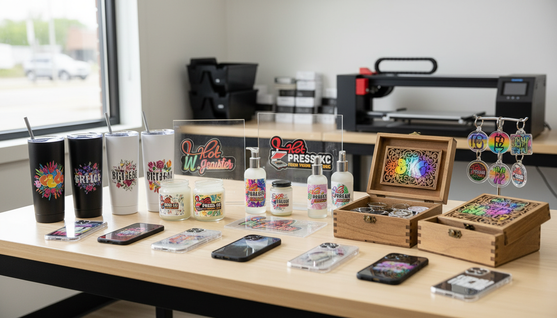 Custom UV DTF transfer products including drinkware, signage, and accessories showcasing HotpressKC solutions in Kansas City