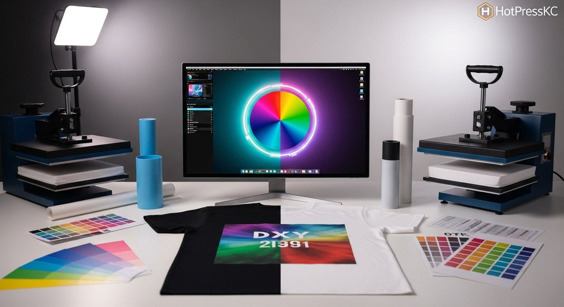 DTF transfer color comparison showing screen vs printed shirt with CMYK and RGB difference explained
