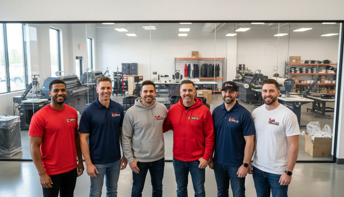 Kansas City team wearing custom branded apparel, HotPressKC DTF print shop