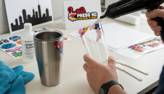 UV DTF sticker being peeled from glass tumbler, Kansas City Missouri custom print shop HotPressKC