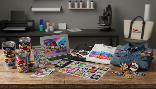 UV DTF cup wraps and DTF gang sheet transfers displayed at HotPressKC print shop, Kansas City, Missouri map area
