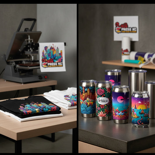 DTF shirt transfer and UV DTF tumbler wrap side by side, Kansas City Missouri custom printing comparison