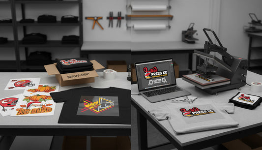 Stock DTF transfers vs print on demand printing samples at HotPressKC Kansas City Missouri custom apparel shop