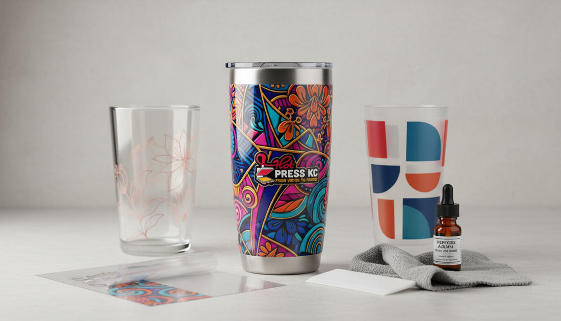 UV DTF transfer sticker applied to stainless steel tumbler, HotPressKC Kansas City Missouri drinkware printing