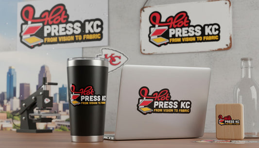 UV DTF sticker transfer applied to stainless steel tumbler showing durability at HotPressKC Kansas City Missouri